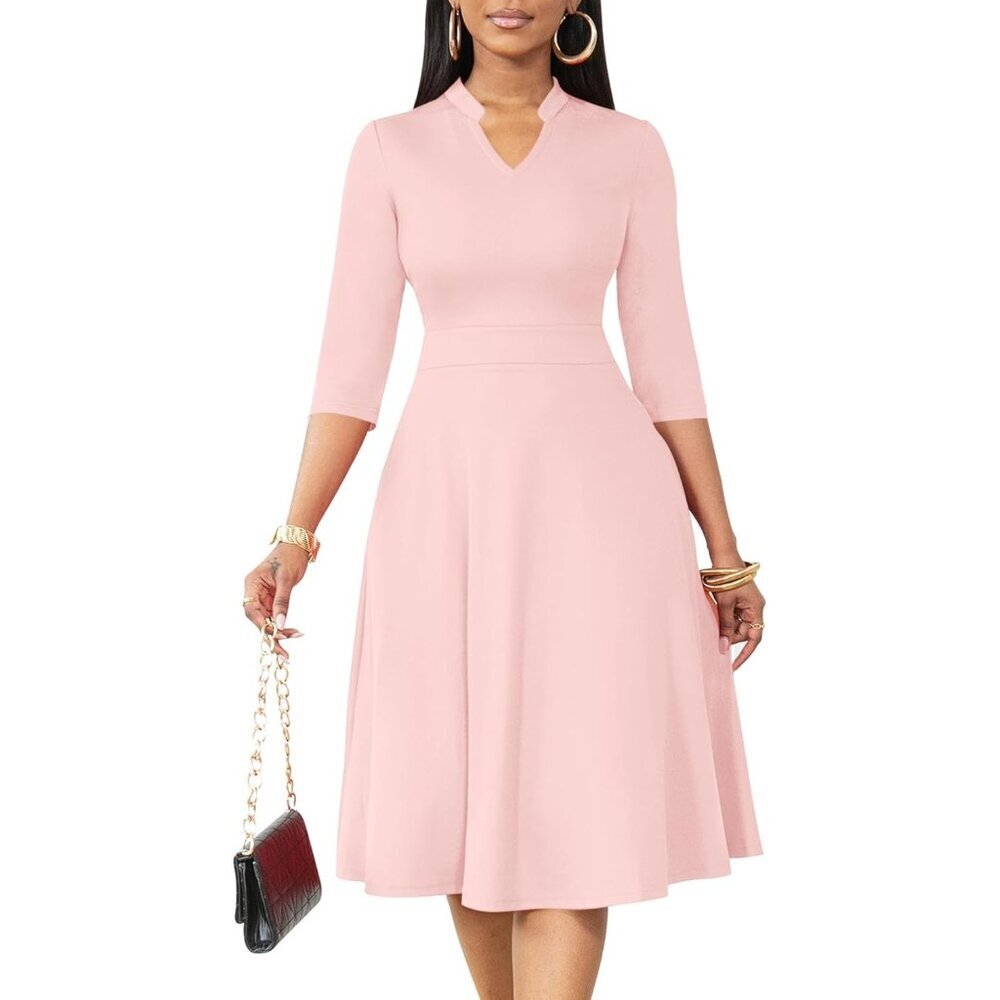 Women Pink 3/4 Sleeve Semi Formal Fit and Flare A-line  Dress with Pockets